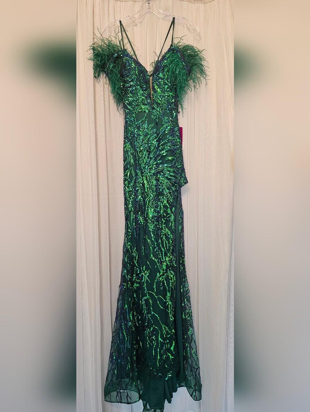 Abby Paris 90271 Green Sequin Feather-Trim Evening Gown Size 0